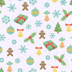 Seamless Christmas pattern with snowflakes, gingerbread men, Christmas trees, bells and another elements. Vector illustration