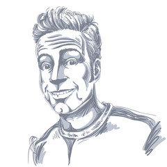 Hand-drawn vector illustration of smiling confident man. Monochrome image, expressions on face of cheerful guy.