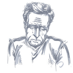 Vector drawing of crying depressed man feeling sorry about something. Black and white portrait of distressed guy.