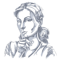 Artistic hand-drawn vector image, black and white portrait of delicate stylish girl making a hush gesture with her finger close to mouth. Emotions theme illustration. Be quiet idea.