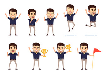 Set of stylish businessman characters showing various success actions. Cheerful man celebrating, jumping, holding trophy and showing other actions. Flat style vector illustration