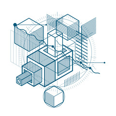 Isometric linear abstract vector background, lined abstraction. Cubes, hexagons, squares, rectangles and different abstract elements.