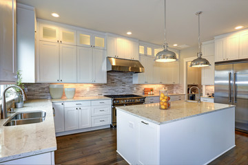 Luxury white kitchen with large kitchen island.
