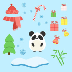 Vector set of panda with xmas staff: lollipop, gifts, tree, iceberg, hat and scarf, bamboo and bells. Cartoon illustration
