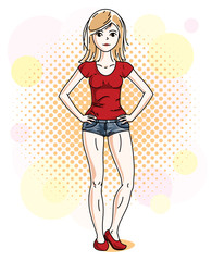 Happy pretty young blonde woman standing on colorful background with bubbles and wearing casual clothes. Vector character.