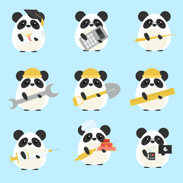 Vector set of pandas various professions: Scientist, accountant, teacher, engineer, worker, builder, doctor, baker, programmer. Cute cartoon illustration