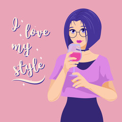 Vector Girl with a glass of wine. A short haircut, bright clothes and makeup, a choker and round glasses. Subculture. Fashion.