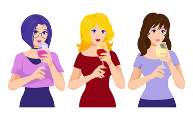 Vector type girls with wine. Evening, everyday, youth style. Women with a glass.