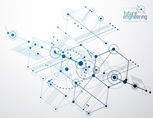 Engineering technology vector wallpaper made with hexagons, circles and lines. Technical drawing abstract background.