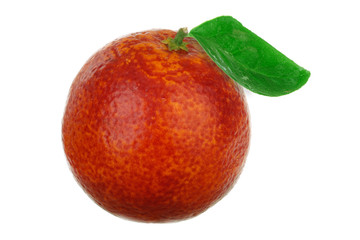 red orange fruit with leaf isolated on black