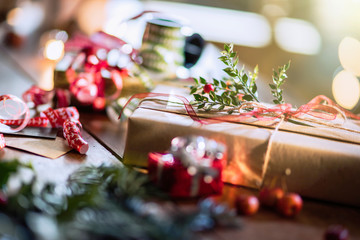 Christmas time. close-up of ribbon gifts and decorations