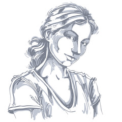 Hand-drawn vector illustration of beautiful romantic and tender woman. Monochrome image, expressions on face of young lady looking at somebody with love and caring.