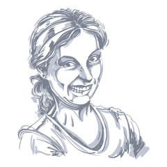 Vector drawing of woman making a funny grimace. Black and white portrait of girl making a silly face.