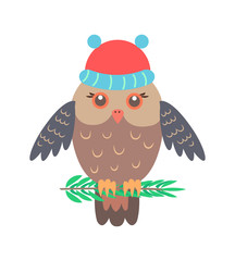 Closeup of Owl with Hat on Vector Illustration