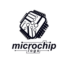 Vector microchip design, cpu. Information communication technology element, circuit board in square shape. Microprocessor scheme abstract logo.