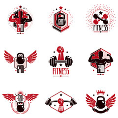 Gym weightlifting and fitness sport club logos, retro stylized vector emblems or badges set