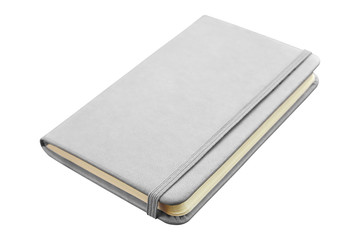 Gray leather notebook with elastic band closure isolated on white background.