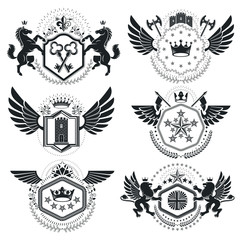 Heraldic Coat of Arms, vintage vector emblems. Classy high quality symbolic illustrations collection, vector set.