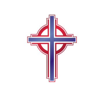 Cross of Christianity graphic emblem. Heraldic vector design element. Retro style label, heraldry logo, religious insignia.