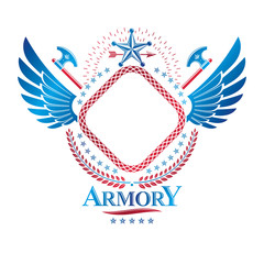 Obraz premium Graphic winged emblem created using pentagonal star, sharp axes and empty copy-space. Heraldic Coat of Arms, vintage vector logo.