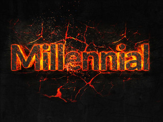 Millennial Fire text flame burning hot lava explosion background.