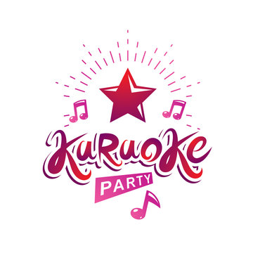 Karaoke party vector writing composed with musical notes and star, leisure and relaxation lifestyle emblem for nightclub party invitation poster.