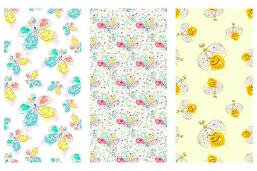 Vector seamless pattern with insect Hand drawn outline decorative endless background with cute drawn butterfly, wasp, flowers Graphic illustration. Line drawing. Print for wrapping, background, decor