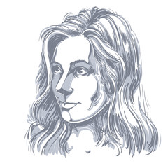 Vector portrait of attractive Caucasian woman with long wavy hair, illustration of good-looking female. Person emotional face expression.