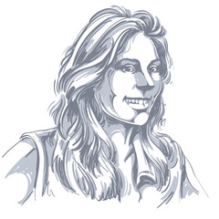 Vector drawing of smiling woman with stylish haircut. Black and white portrait of attractive happy lady.