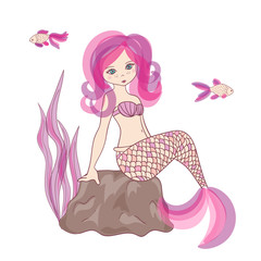 Beautiful cartoon little Mermaid sitting on the rock. Vector illustration.
