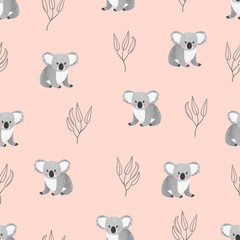 Seamless pattern with cute watercolor koala bears on pink. Vector background © Afanasia