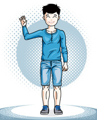Pretty child boy standing in stylish casual clothes. Vector beautiful human illustration. Fashion theme clipart.