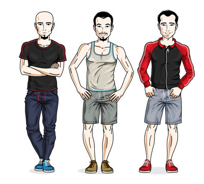 Confident handsome men posing in stylish sportswear, sportsman and fitness people. Vector set of beautiful people illustrations.