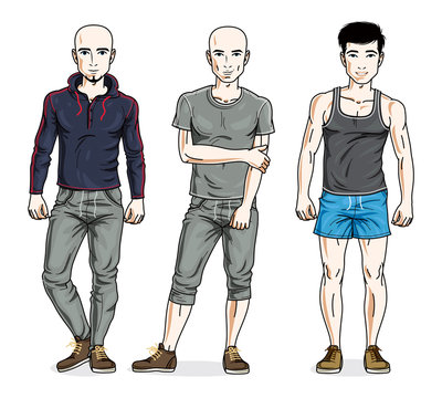Confident handsome men posing in stylish sportswear, sportsman and fitness people. Vector set of beautiful people illustrations. Lifestyle theme male characters.