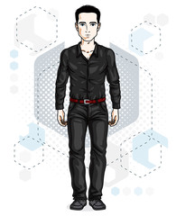 Handsome brunet young man poses on modern background with hexagons. Vector illustration of male. Lifestyle theme clipart.
