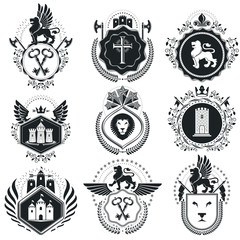 Fototapeta premium Vintage vector design elements. Retro style labels, heraldry. Classy high quality symbolic illustrations collection, vector set.