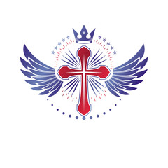 Cross of Christianity graphic emblem. Heraldic vector design element. Retro style label, religious insignia decorated with luxury monarch crown and liberty bird wings.