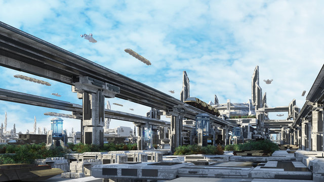 3d rendering Scifi fantasy concept cityscape and transport in the future