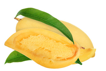 two mangos with leaves isolated