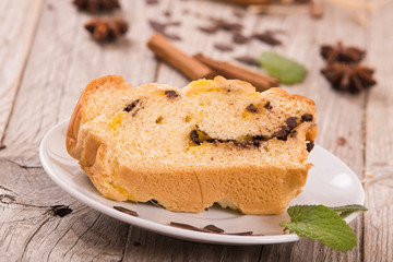 Brioche with chocolate chips.