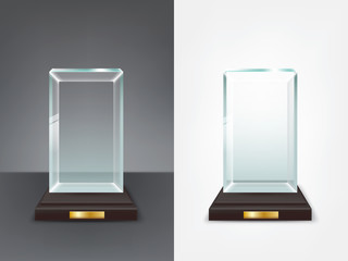 Realistic glass trophy, sport and business award, prize to the winner of the competition, winning cup, vector isolated illustration, front view