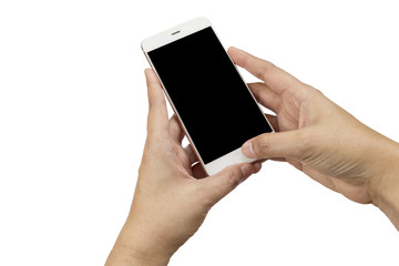 Woman hand holding and using mobile phone on isolated white background.
