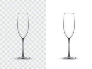 Realistic wine glasses, champagne flute, vector illustration isolated on white and transparent background. Mock up, template of glassware for alcoholic drinks