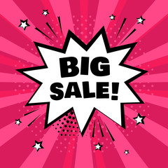 Obraz premium White comic bubble with BIG SALE word on pink background. Comic sound effects in pop art style. Vector illustration.