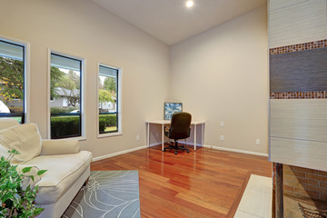 Family room interior with hardwood floor