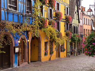 Central street of Riquewihr- one of the most beautiful villages in Alsace, France