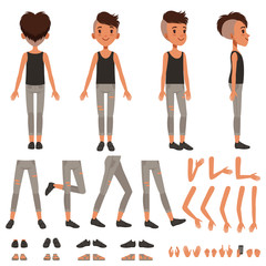 Boy character creation set, student boy constructor with different poses, gestures, shoes vector Illustrations