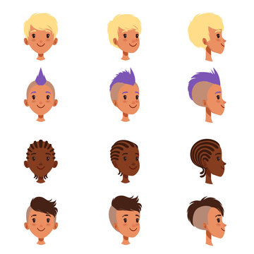 Set of vector boys head faces with different hairstyles. Punk mohawk, dreadlocks, classical and trendy hipster haircut. Front and side view