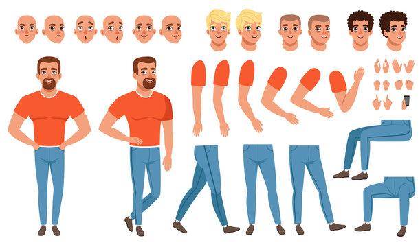Creation set of young man, constructor for animation. Full length character. Body parts, face emotions, haircuts and hand gestures. Isolated flat vector