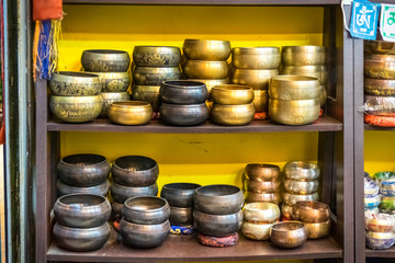golden magical bowls in thailand for musical traditional buddhist.